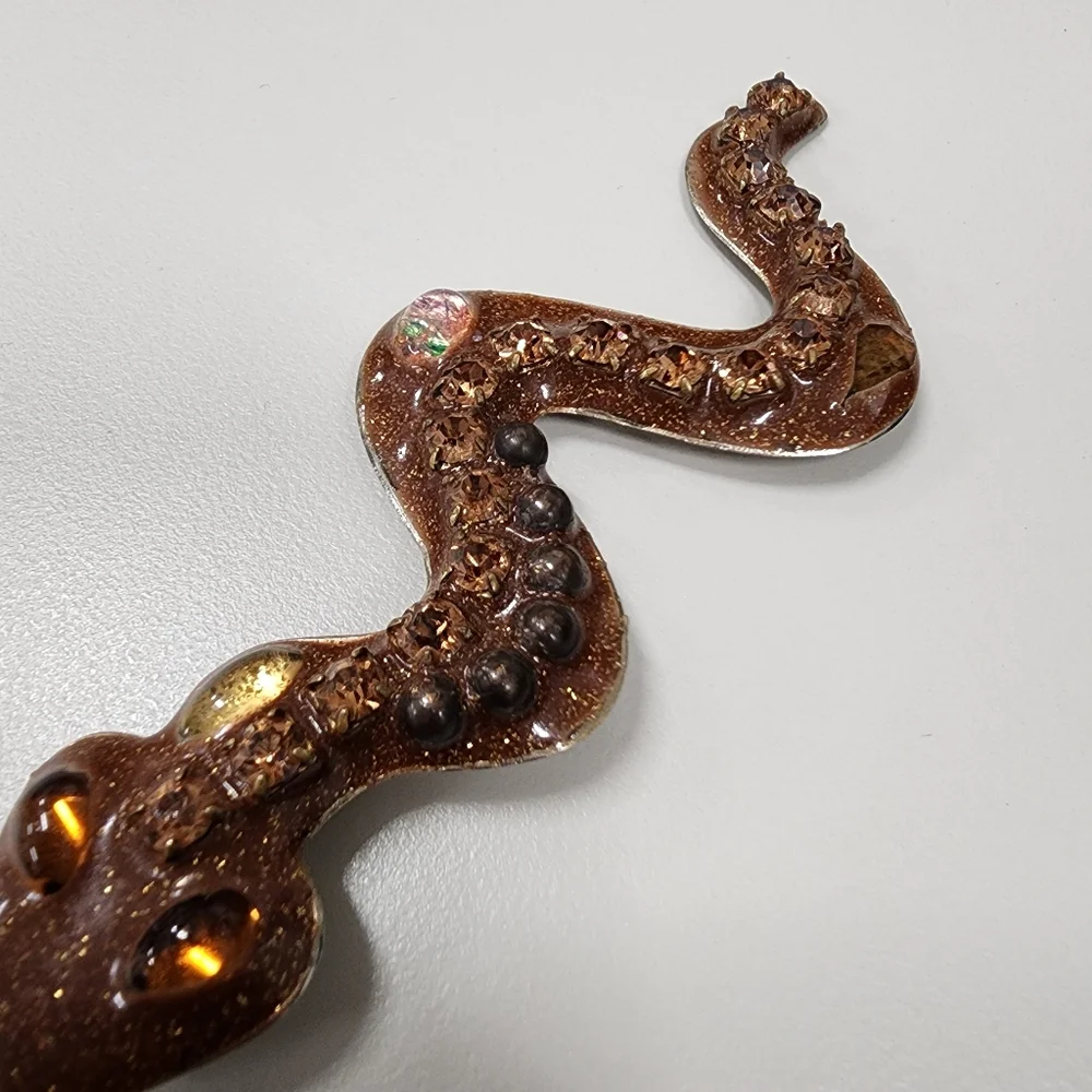 Brown Glitter Resin Snake Brooch Pin Embedded Rhinestone Statement Serpent